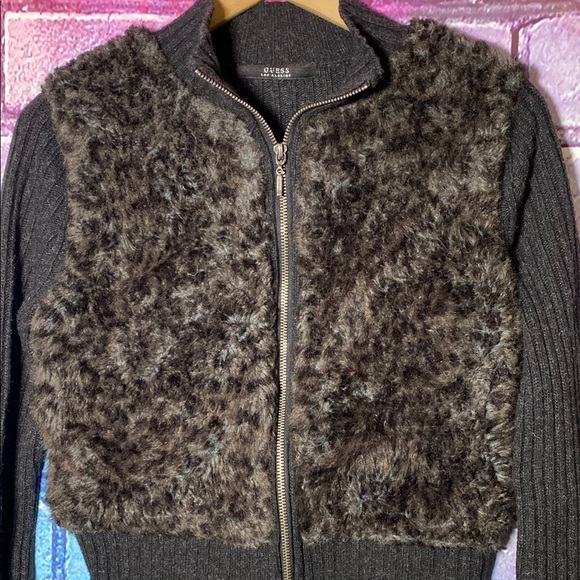 Women's Guess Faux Fur and Knit Zip-Up Sweater Large - Picture 3 of 8